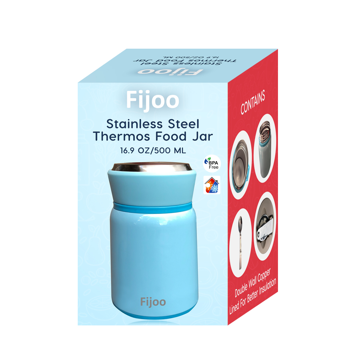 Fijoo 500ml Stainless Steel Double Wall Thermo Food Jar + Folding Spoon (Blue) - Image 7