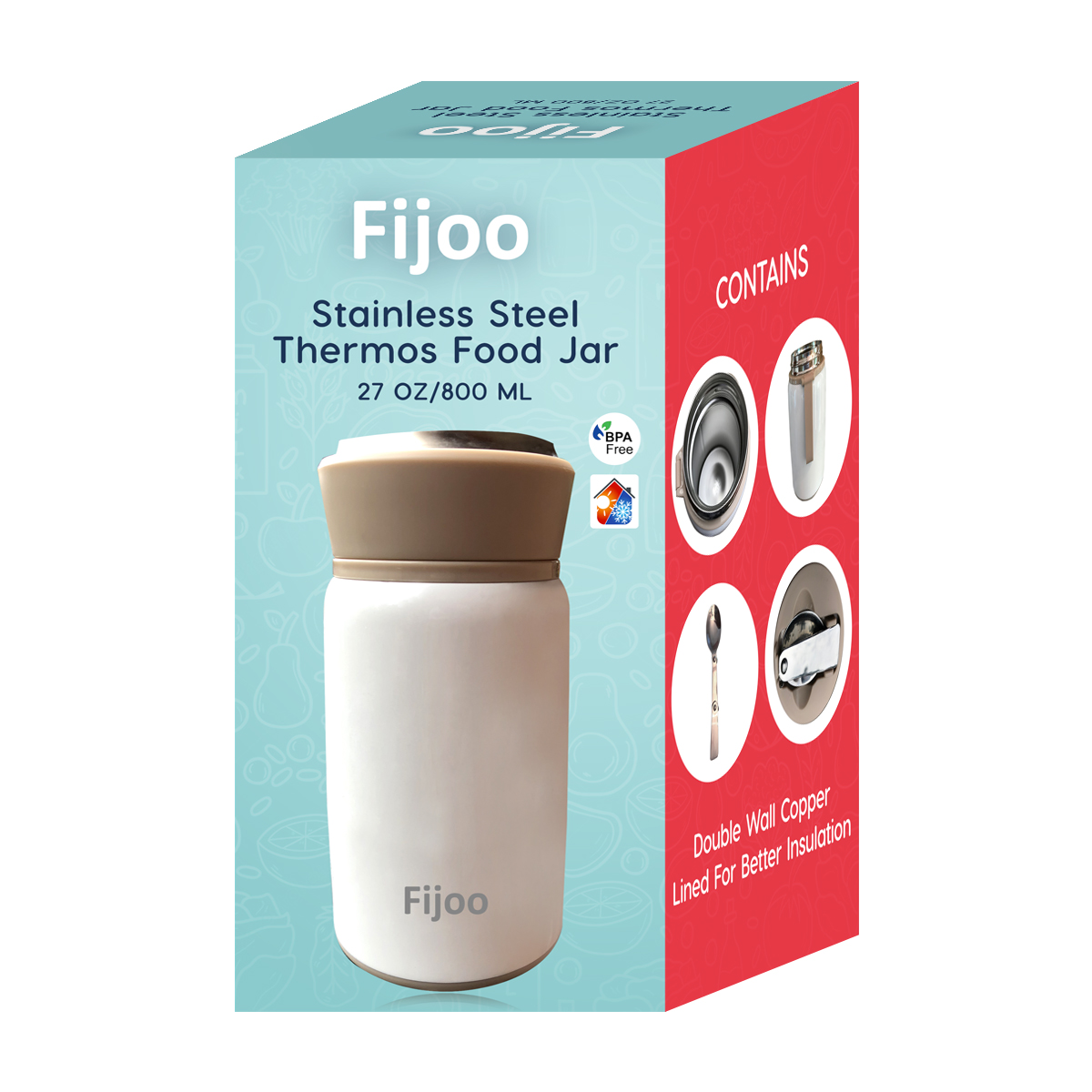 Fijoo 800ml Stainless Steel Double Wall Thermo Food Jar + Folding Spoon (White) - Image 6